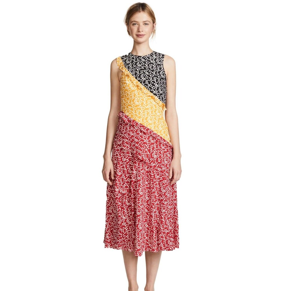 Saloni Agnes Knot Print Silk Midi Dress 2 Multicolor Floral Ruffle Wedding Guest